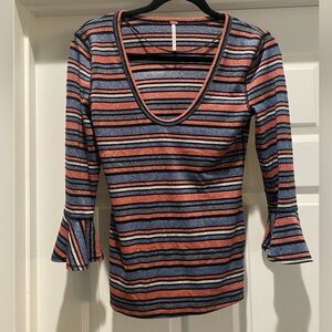 FREE PEOPLE - size small - metallic stripe shirt - flared 3/4 sleeve